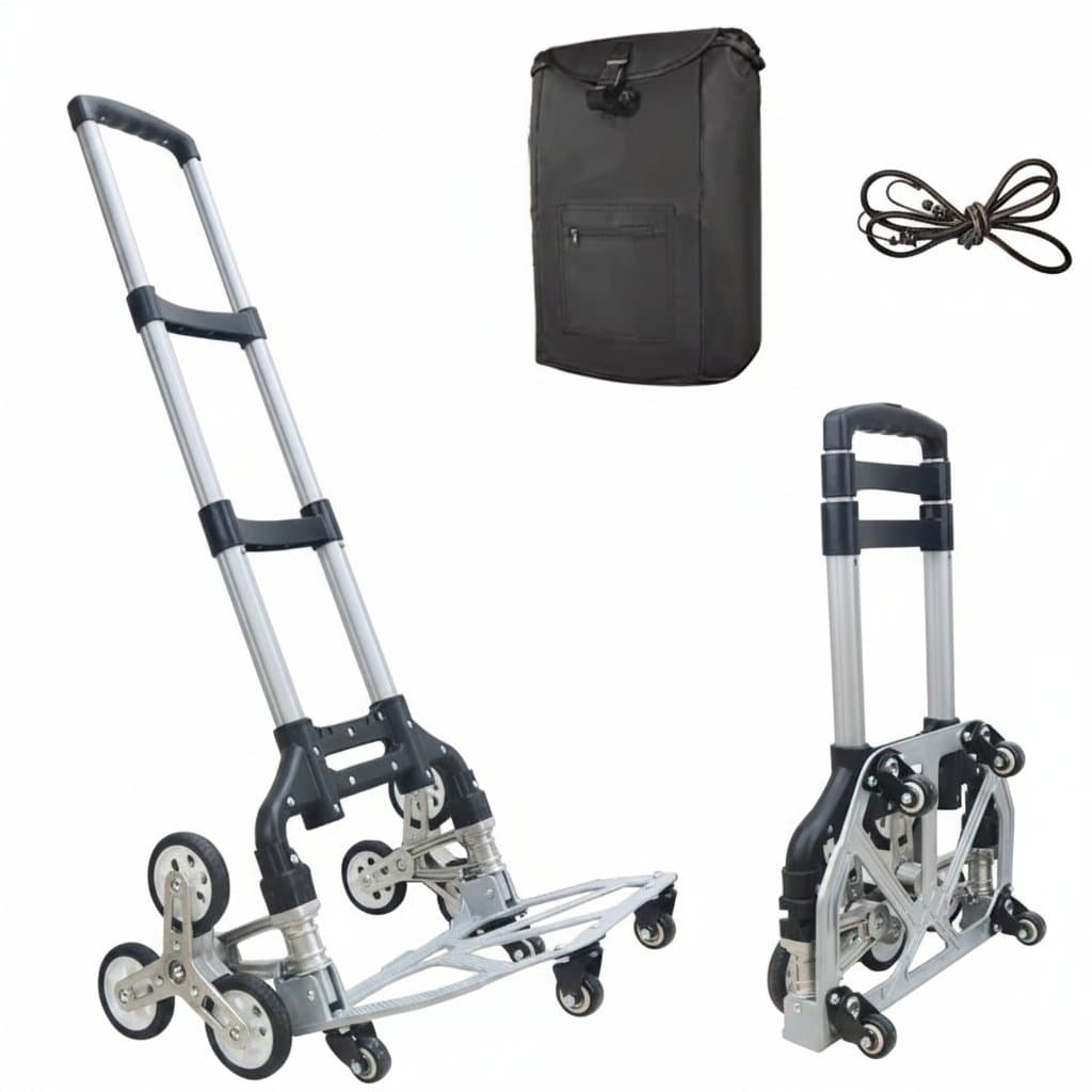 75KG capacity all terrain hand truck with foldable frame, large wheels, and included bungee cord for secure transport of cargo and luggage.