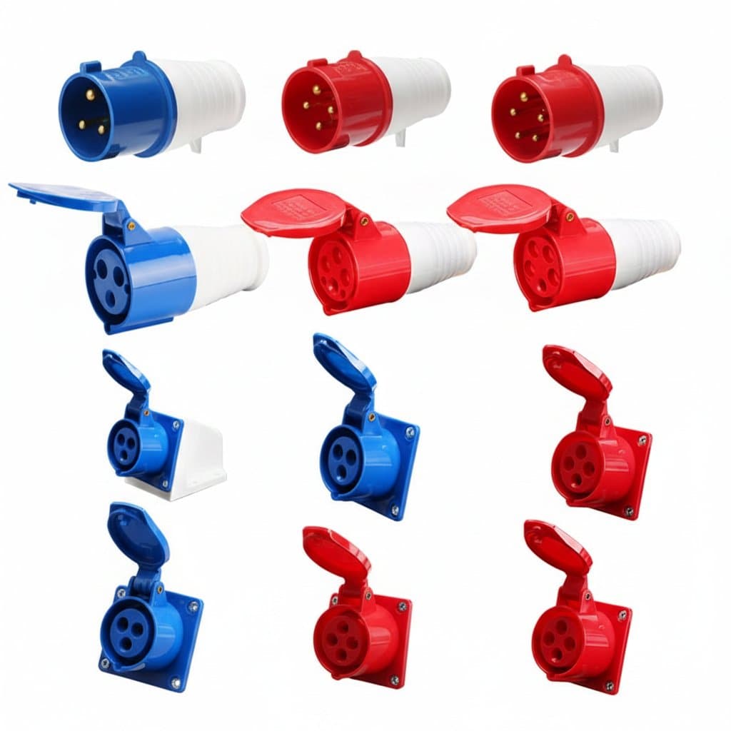 Industrial plug and socket connector with 3P+E 5-pin configuration, rated for 32A 380V, showing durable molded housing and color-coded terminals.