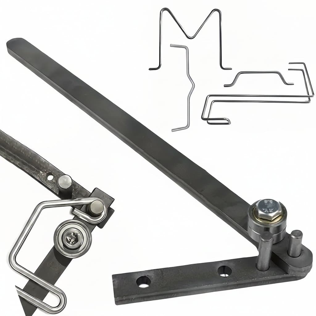 Desktop manual pipe bender with adjustable lever, a handheld rebar curving tool for precise metalworking on a workbench.