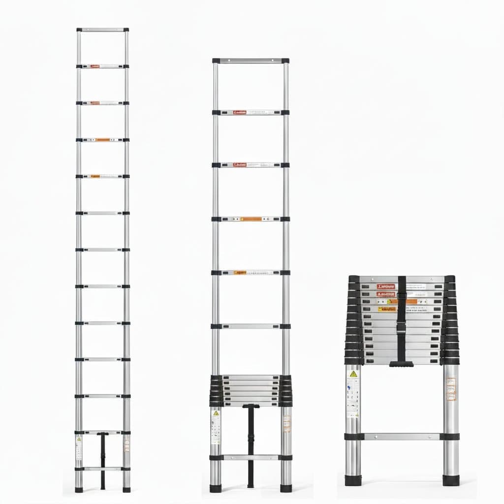 Telescopic ladder available in 2.6M, 3.2M, or 3.8M lengths. Multi-purpose folding extendable loft ladder made of stainless steel with non-slip steps, 150kg capacity, EN131 certified.