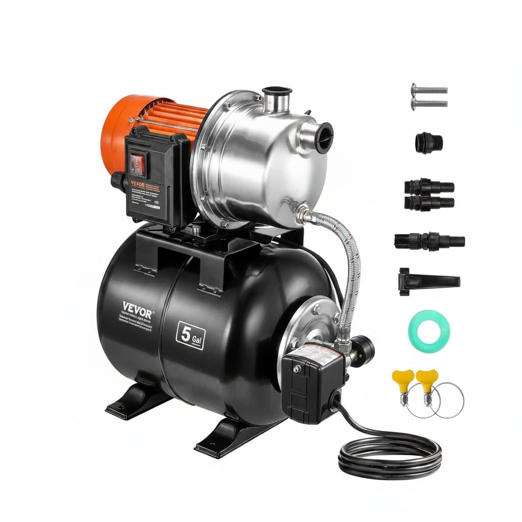 SucceBuy shallow well pump with a 5-gallon pressure tank, automatic booster function delivering 1000-1320 GPH for garden and lawn.