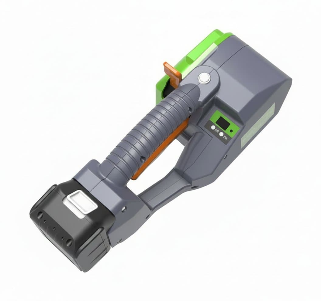 B-16 Portable Electric Strapping Machine for PET and PP packaging straps, a hot melt baler tool on a workbench.
