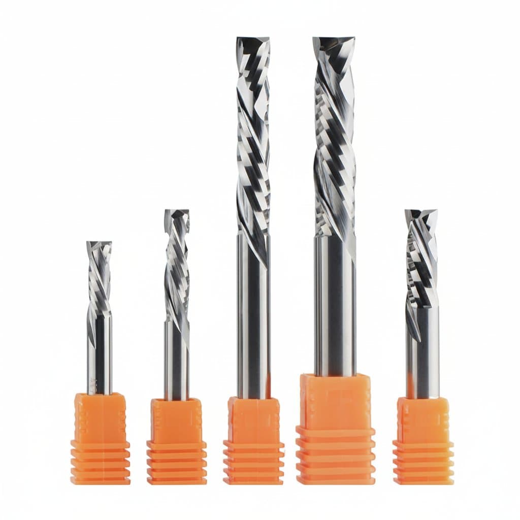 Compression spiral router bit with two flutes for CNC woodworking, featuring up-cut and down-cut action for clean plywood and laminate edges.