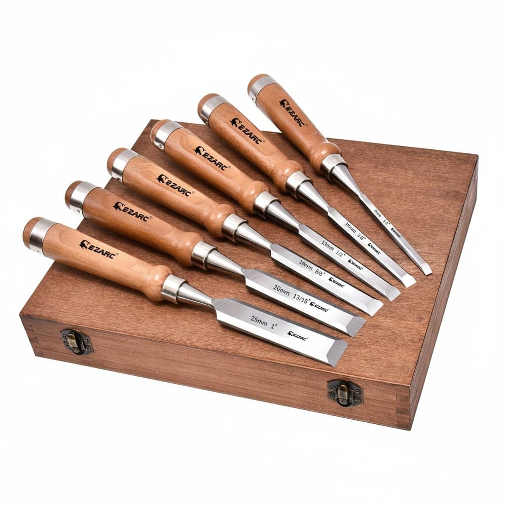 Premium 6-piece wood chisel set for carving and woodworking, presented in a wooden case, an ideal gift for carpenters and craftsmen.