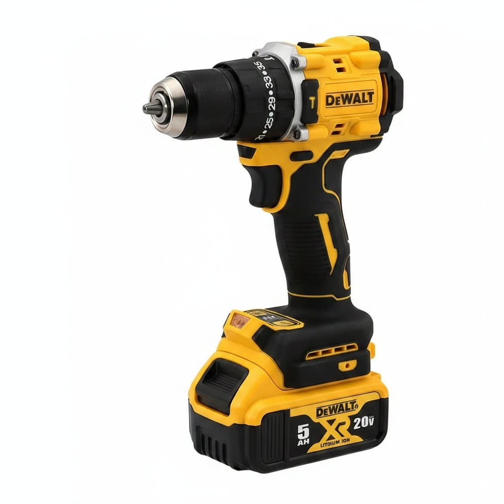 DEWALT DCD805 Brushless Cordless Impact Drill with battery and charger, showing ergonomic grip and variable speed trigger.