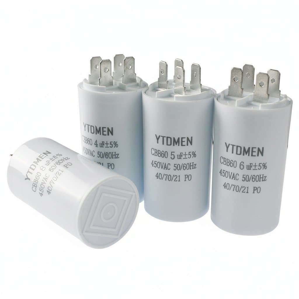 CBB60 450VAC motor run capacitor with 4-pin double insert, available in 4UF to 60UF ratings for electric motor replacement.