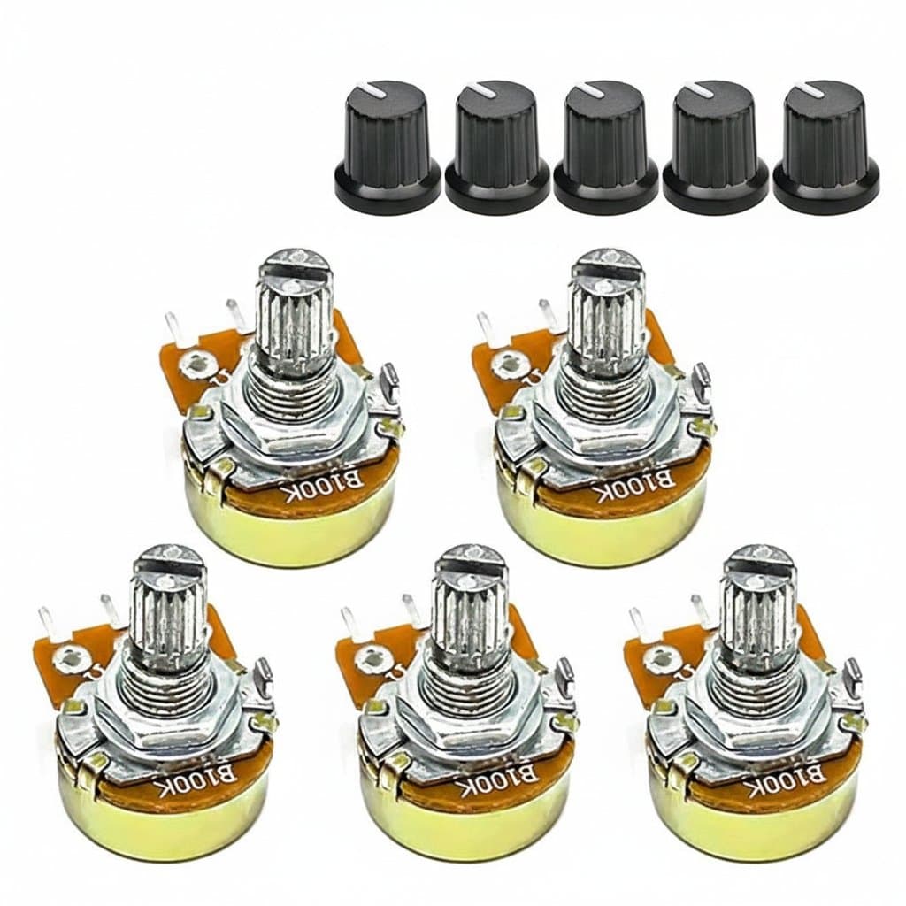 WH148 15mm linear taper rotary potentiometer set with 5 resistance values, 3-pin design, and white knob for Arduino projects.