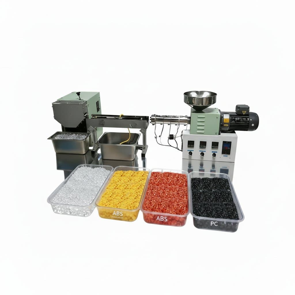 Micro Extrusion Granulator for plastic modification and 3D printing filament, a compact desktop lab machine for creating consumables.