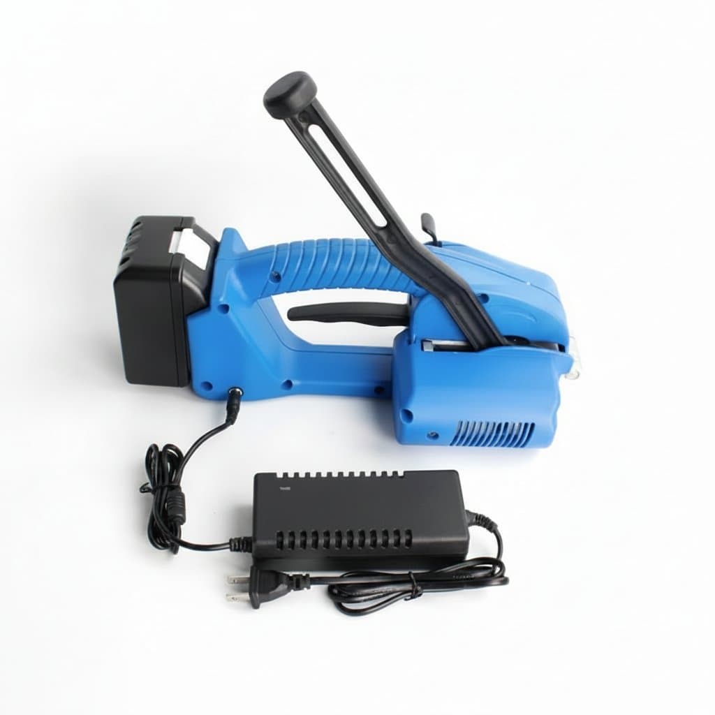 Handheld Electric Strapping Machine for 13-16mm PP PET belts, a hot melt baler tool for secure pallet and box wrapping.