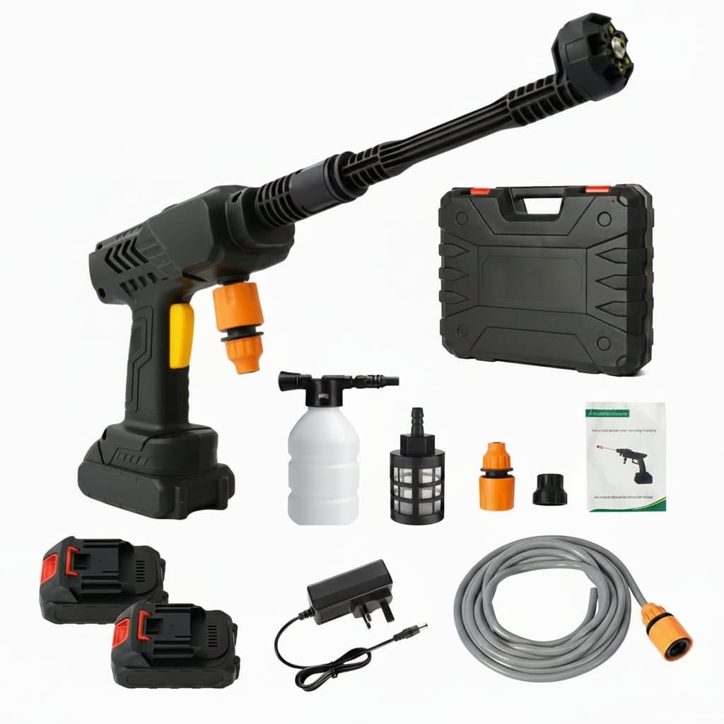 6-in-1 cordless pressure washer with 21V battery, 500 PSI, 3200 RPM, 10-meter hose, and two batteries for floor and car cleaning.