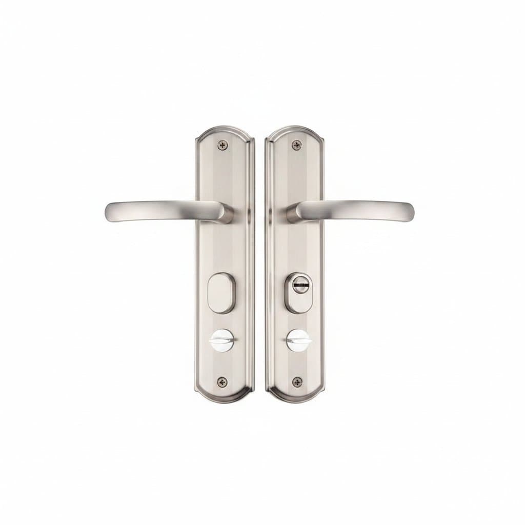 A pair of stainless steel security door handles with entry lever and lock panel, designed for durable exterior door installation.
