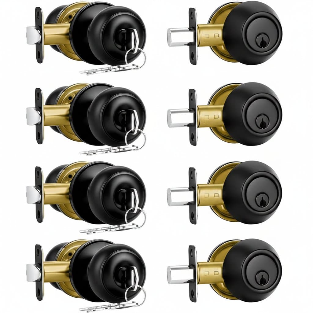 4-pack matte black exterior door lock set. Includes a single cylinder deadbolt and keyed door knob for front doors.