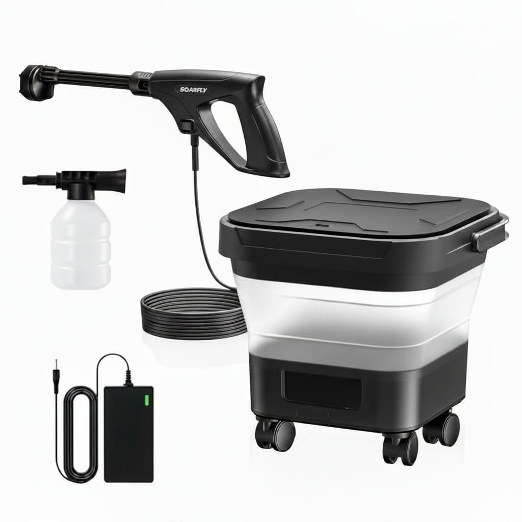 Portable cordless pressure washer with 3.4-gallon tank and 6-in-1 nozzle for efficient cleaning at home, car, patio, and garden.