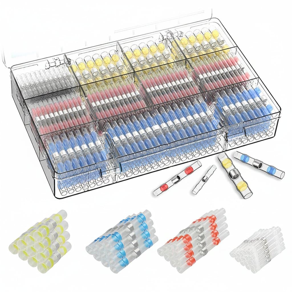 Waterproof solder wire connector kit with 200 pieces, featuring durable insulation for marine and automotive electrical projects.