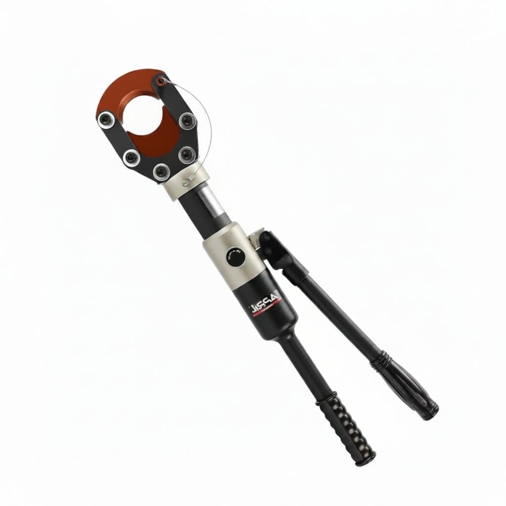 CPC-50 manual hydraulic cable cutter with ergonomic handles, shown cutting a thick armored cable with precision.