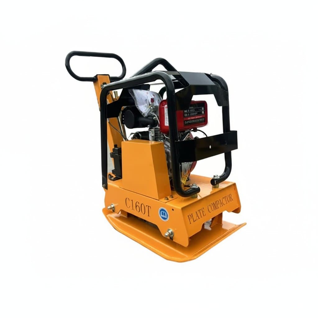 Type160 diesel engine vibrating plate compactor with 160kg weight, shown efficiently compacting flat soil surface.