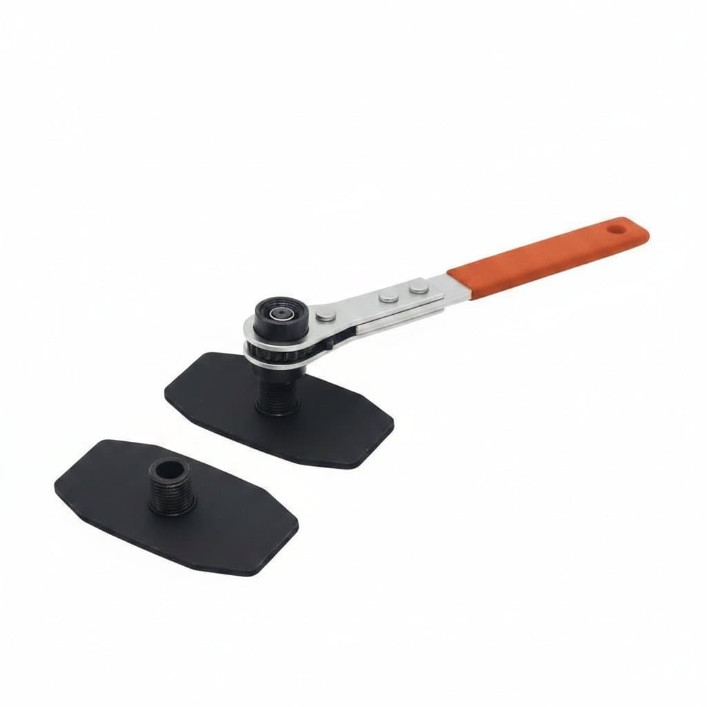 A silver car ratchet brake caliper press compression tool, ideal for servicing brake pads and rotors.