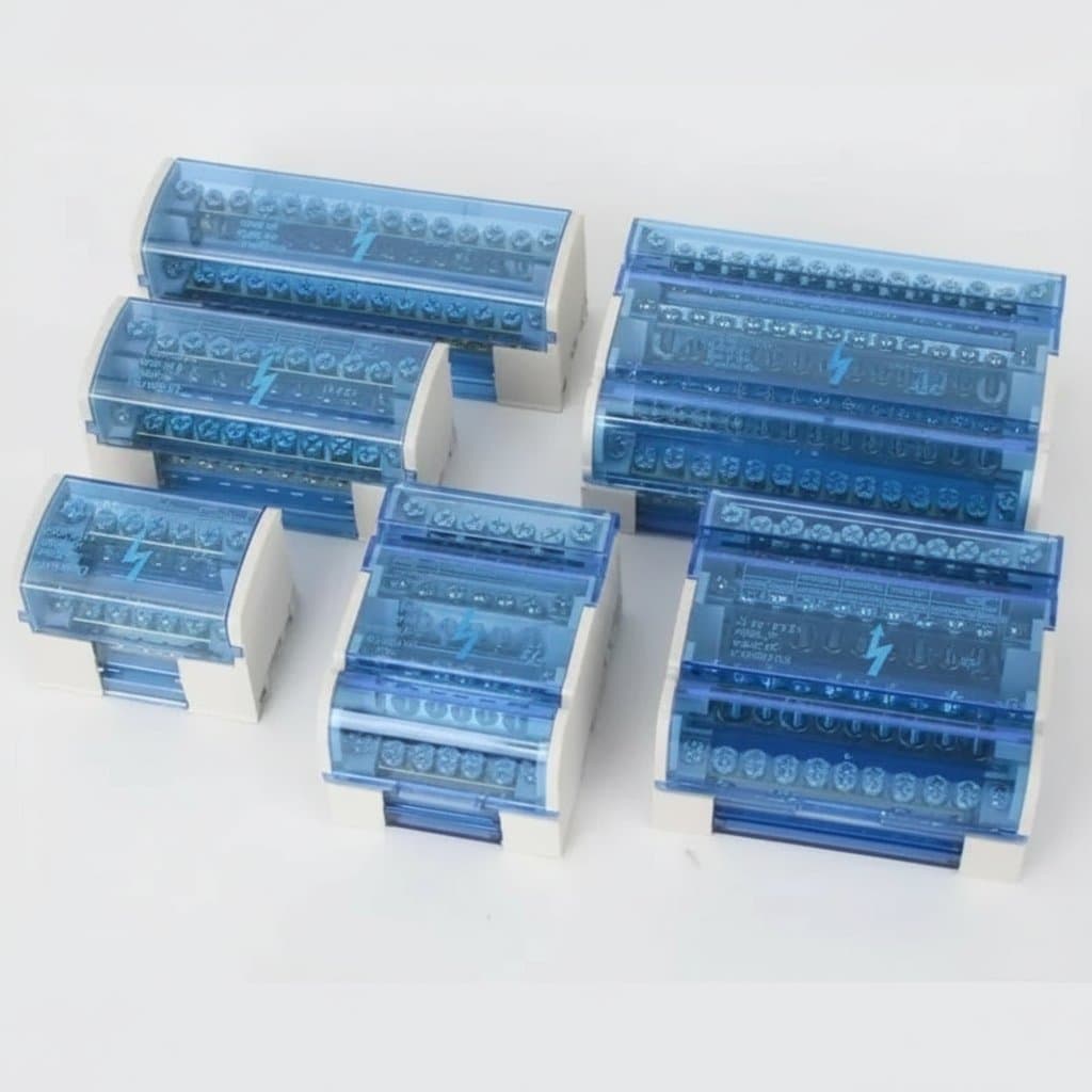 UK series modular electrical junction box with screw terminal blocks for secure power distribution on a din rail.