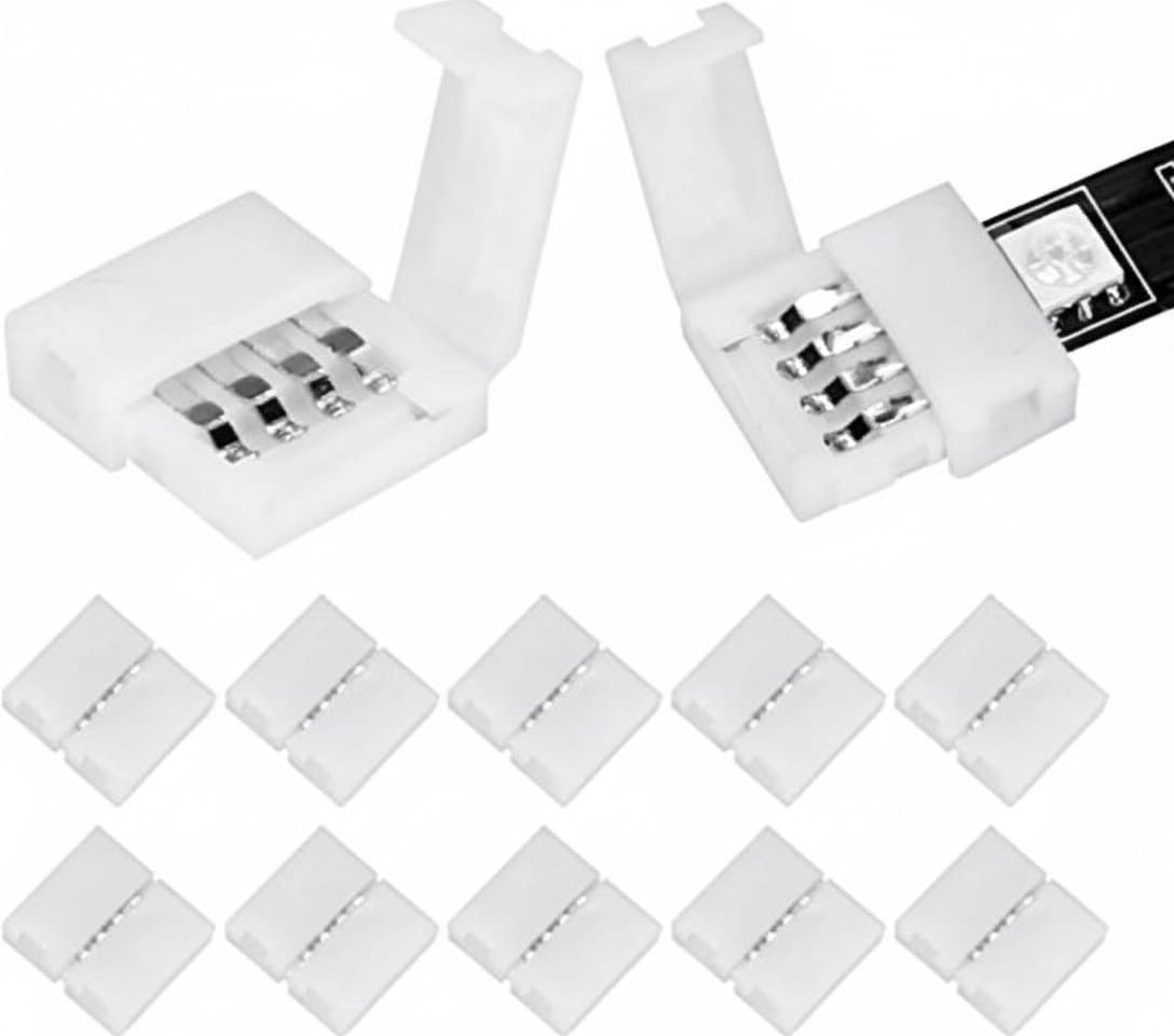 10-piece set of L-shaped solderless connectors for 5050 and 3528 RGB LED strips, enabling easy corner connections without soldering.