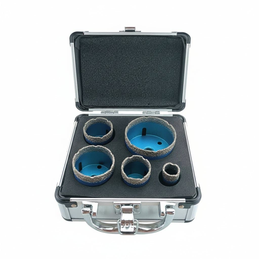 5-piece M14 thread dry drill hole saw set for porcelain, granite, marble, and vitrified tiles with brazed crowns.