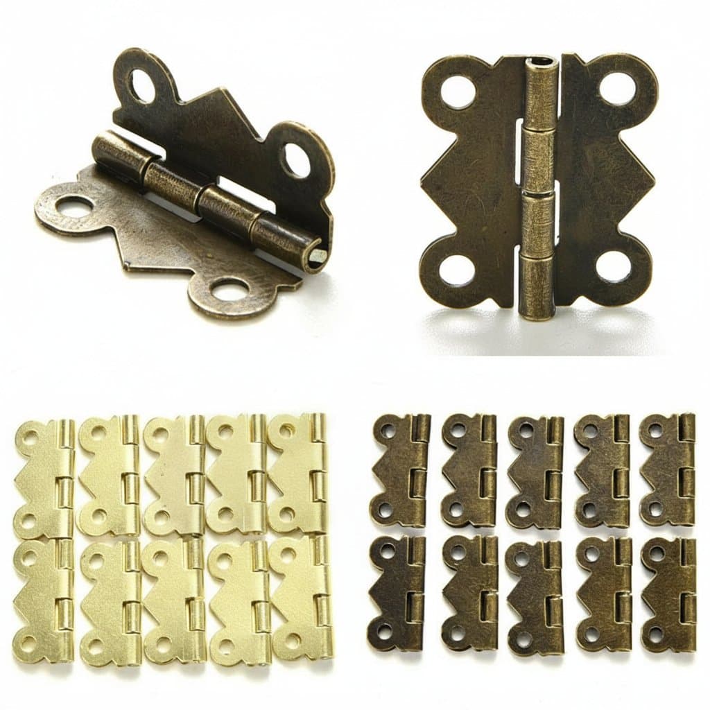 Set of 10 antique brass butterfly hinges measuring 20x17mm, ideal for jewelry box repair, model making, or decorative storage box applications.
