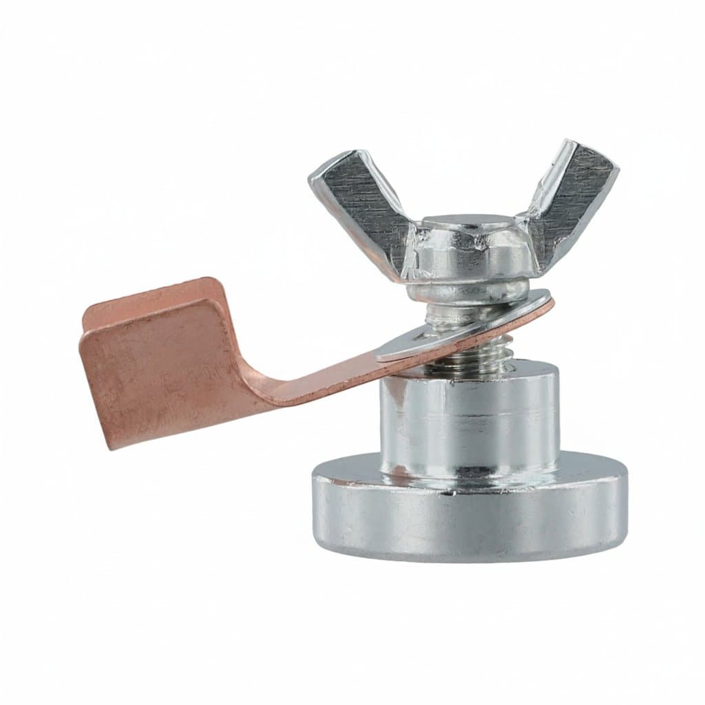 Heavy-duty magnetic welding ground clamp with quick-release mount for steel and iron, a professional welding equipment accessory.