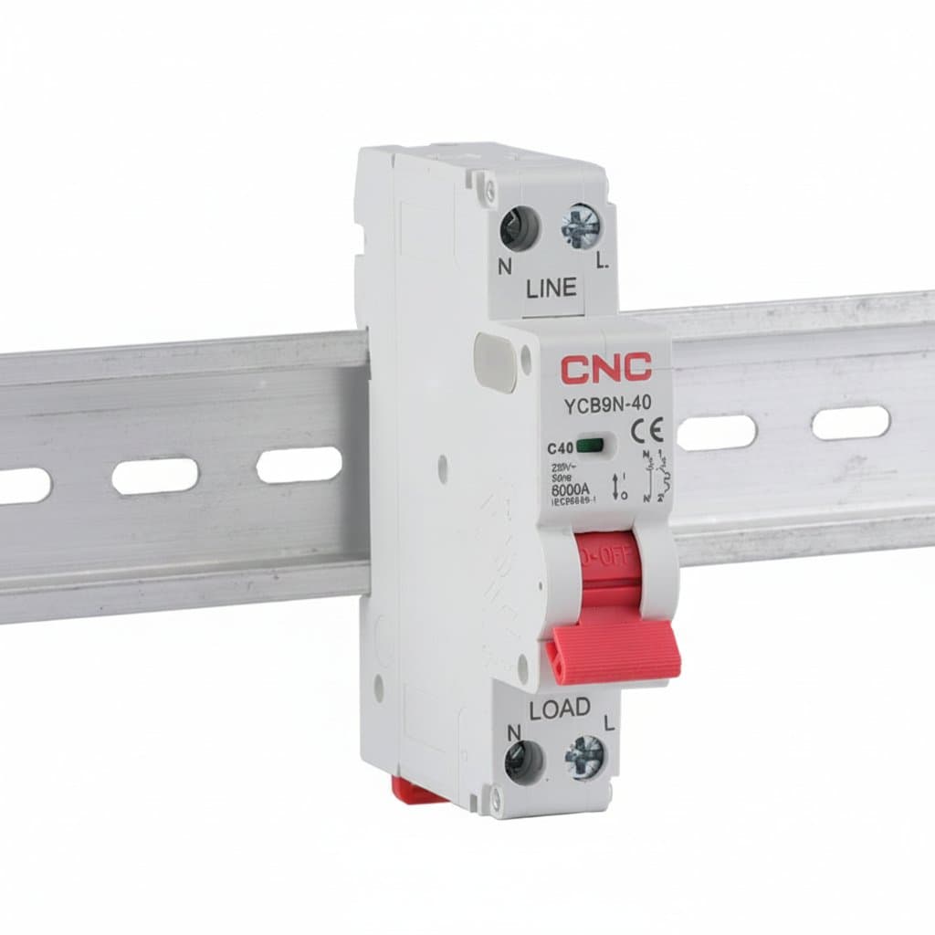 CNC MCB DPN 6000A miniature circuit breaker mounted on a silver DIN rail, showing its 18mm width and 230V 50Hz rating for household electrical panels.