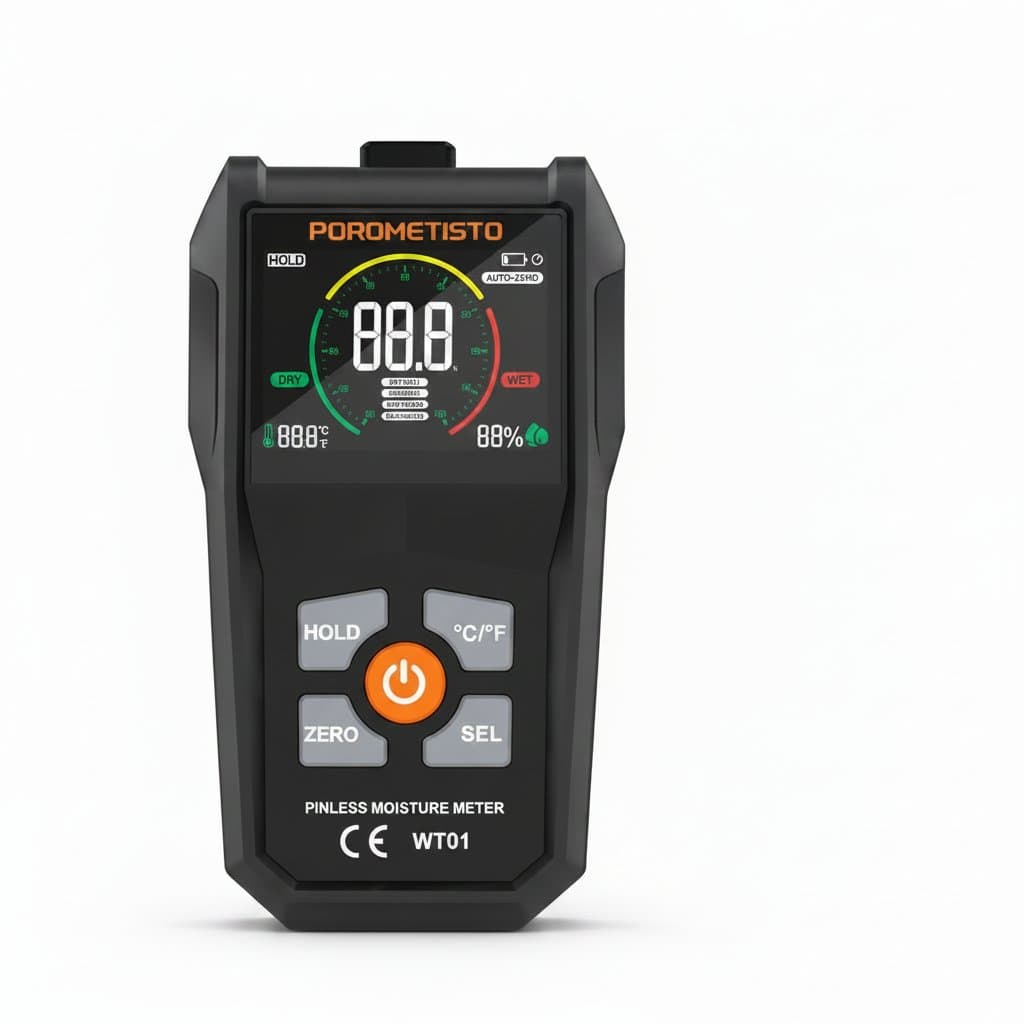 WT01 non-contact 6-in-1 digital moisture meter for wood, timber, drywall and building materials with hygrometer and humidity testing functions.