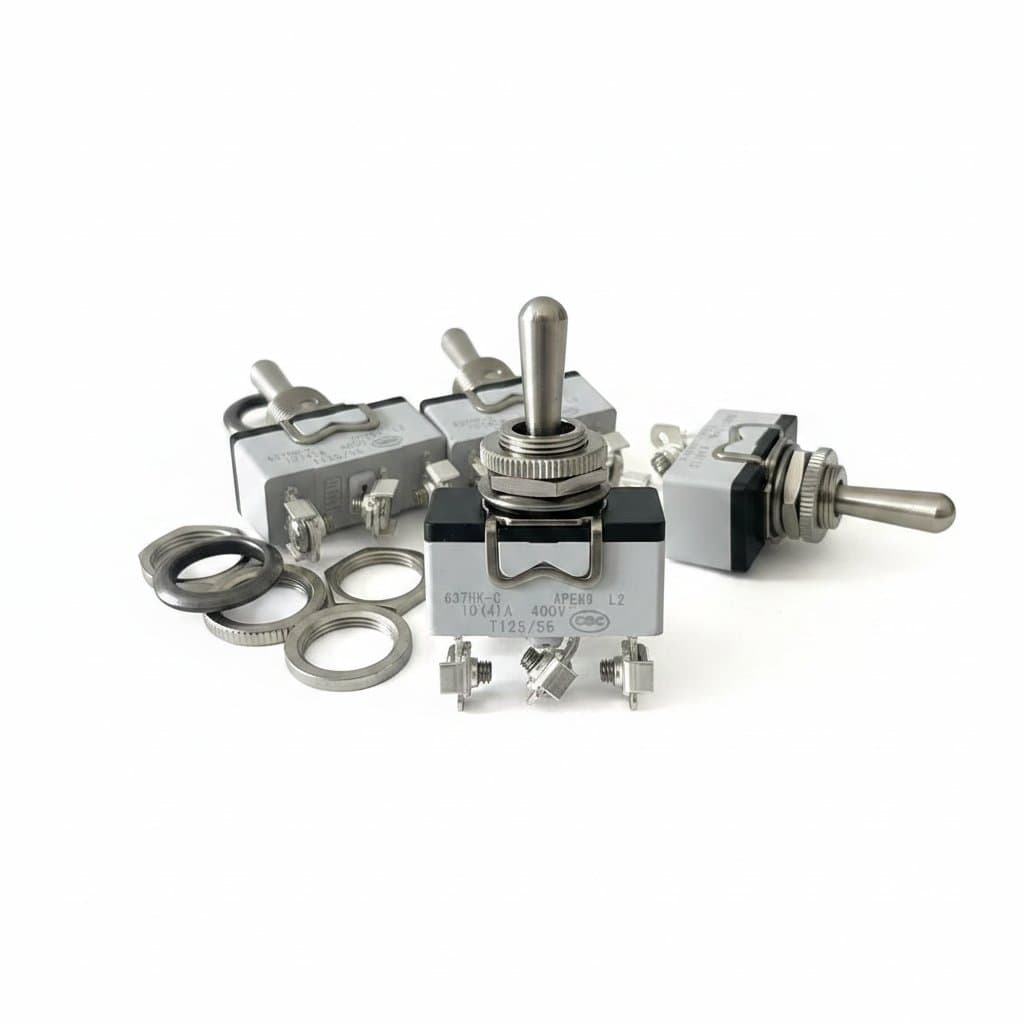 Original APEM 637HK high current rocker switch in ON-OFF-ON configuration with durable black actuator and M12 screw terminals.