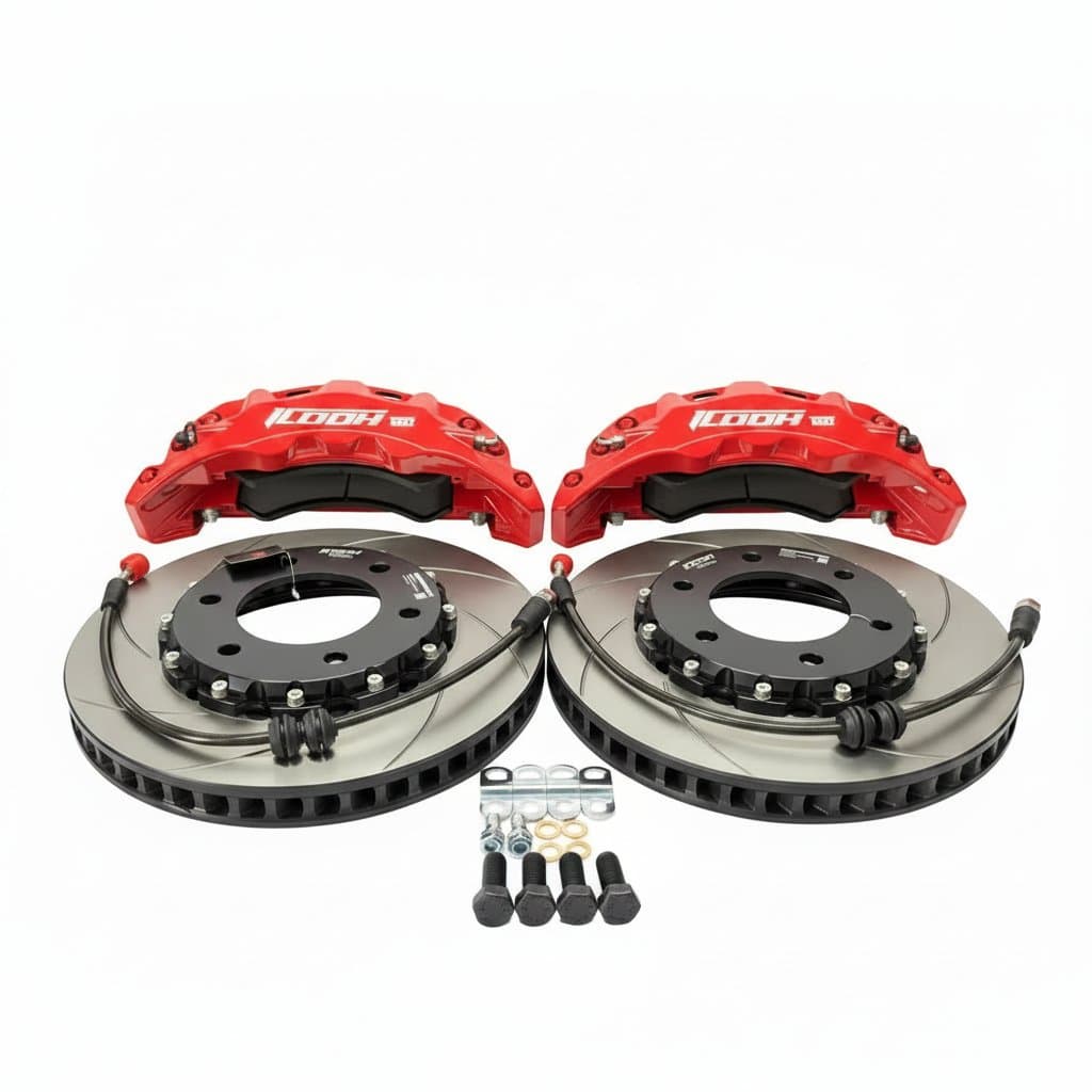 A high-performance ICOOH large brake caliper kit, designed for 17 and 18-inch wheels, suitable for BMW, Audi, and Cadillac.