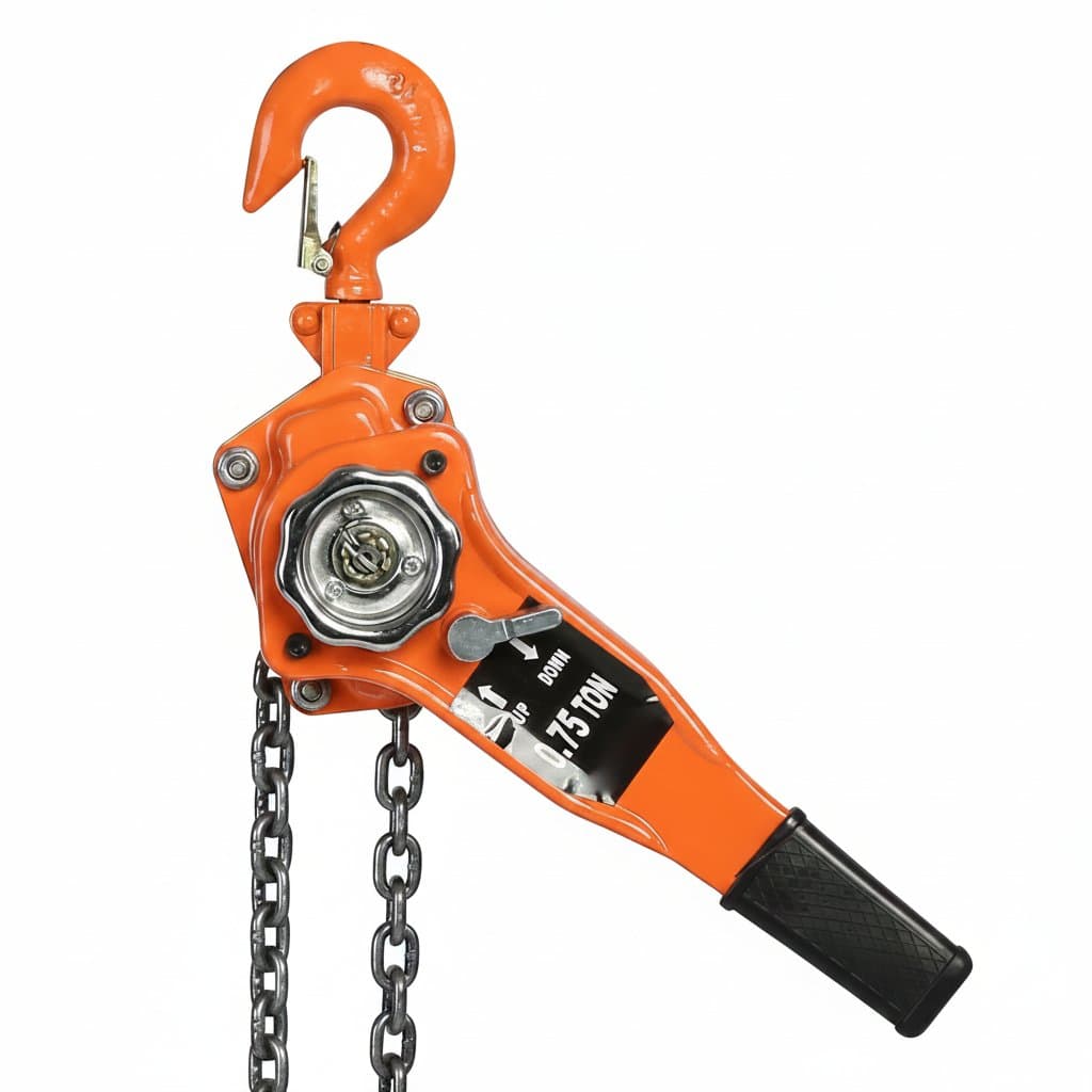 Orange 0.75 ton lever hoist with a durable steel chain, showing the ratchet mechanism and ergonomic handle for controlled lifting.