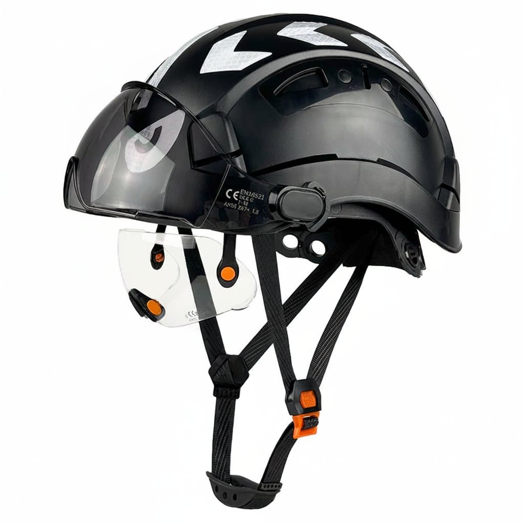 CE-certified ABS construction safety helmet with double goggles, reflective stickers, adjustable ventilation, and ANSI-compliant hard hat design.