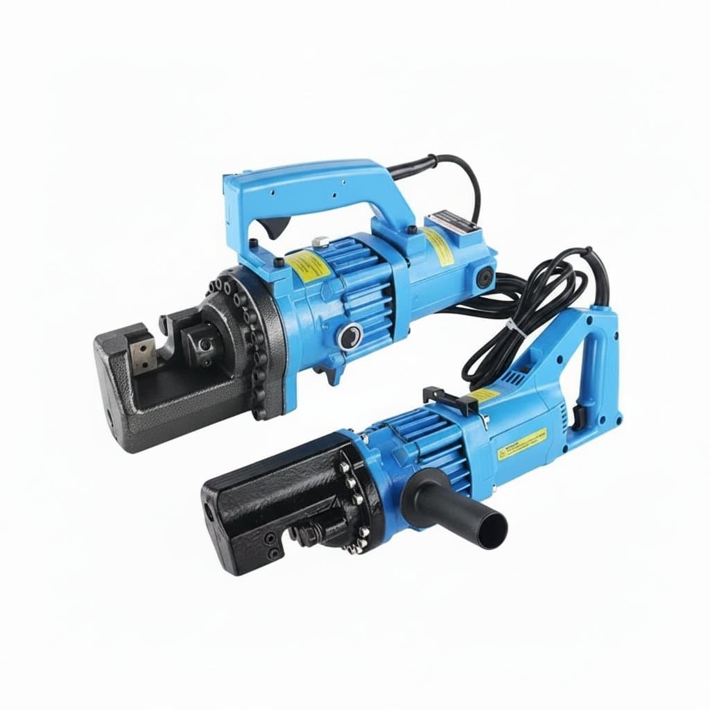 Handheld hydraulic rebar bender and cutter machine with electric pump, for fast steel rebar bending and cutting on construction sites.