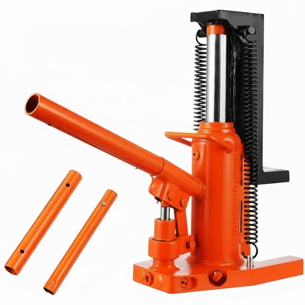 2.5 Ton hydraulic toe jack with 5 ton lift capacity, showing its heavy-duty steel construction and adjustable lifting saddle.