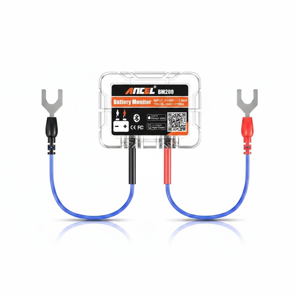 The ANCEL BM200 12V car battery tester is shown connected to a car battery, ready for health monitoring.
