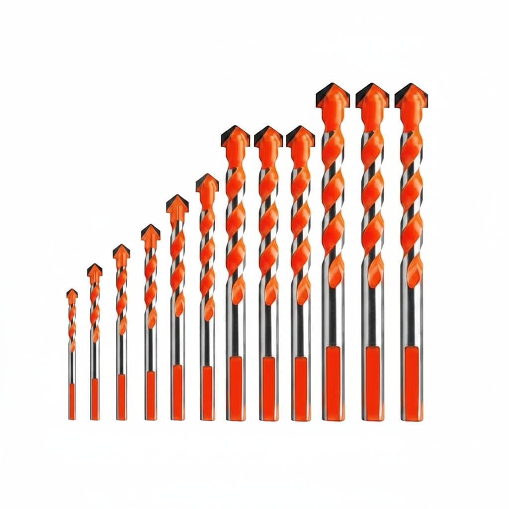 16-piece tungsten carbide masonry drill bit set for metal, steel, tile, concrete, brick, and wood, sizes 3-12mm, in a durable plastic case.