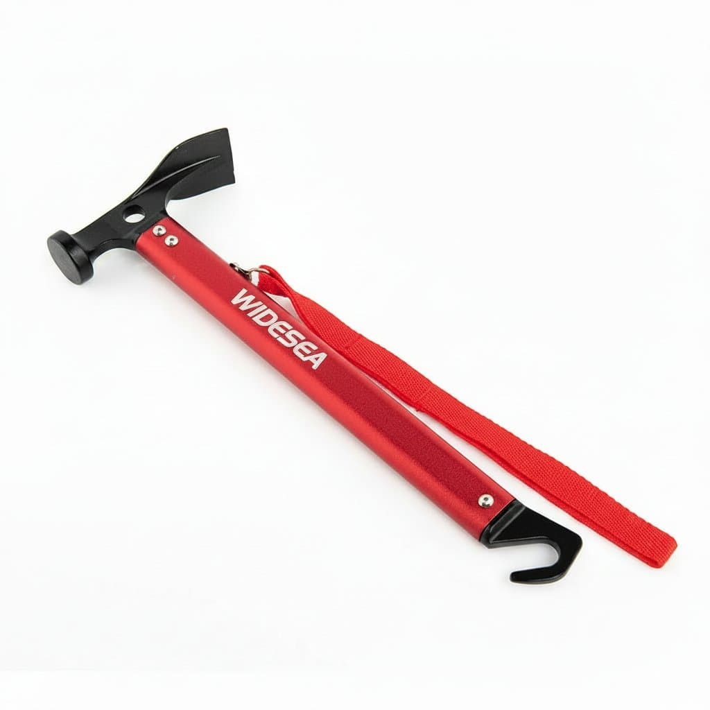 Lightweight aluminum alloy camping hammer for tent staking, featuring a durable design with a multifunctional head for outdoor use.