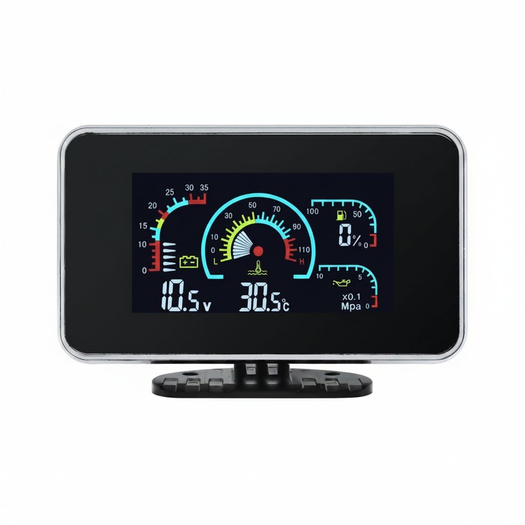 A 4-in-1 LCD digital display shows oil pressure, voltage, fuel level, and water temperature, functioning as a comprehensive fuel pressure gauge.