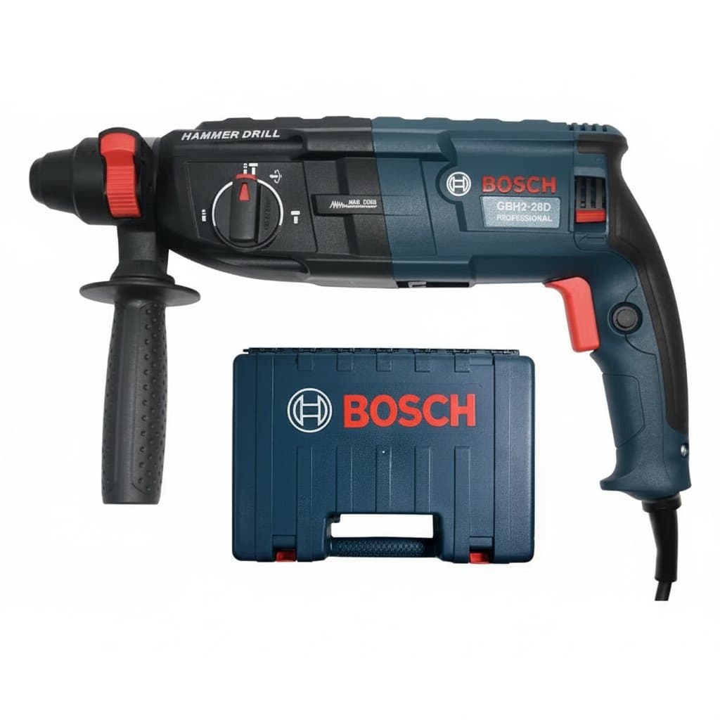 Bosch GBH2-28 electric hammer drill with impact function, showing the tool body, chuck, and side handle for demolition and drilling.