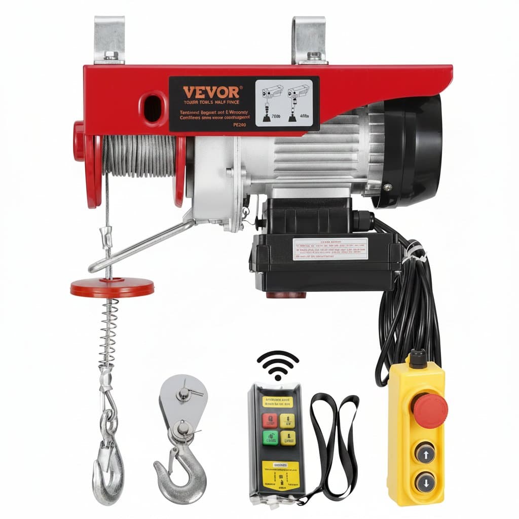 VEVOR 440lbs wireless electric lifting hoist with remote control, shown with 40ft single sling for garage or warehouse use.
