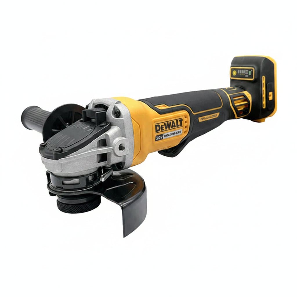 Dewalt DCG406 20V cordless angle grinder with 125mm disc, brushless motor, and side handle for cutting and polishing.