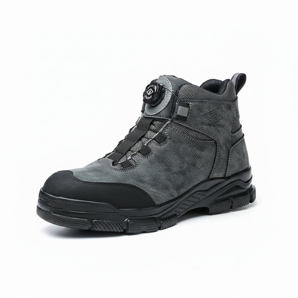 Men's work boots with rotating buttons, steel toe safety, and waterproof puncture-proof construction in a durable protective design.