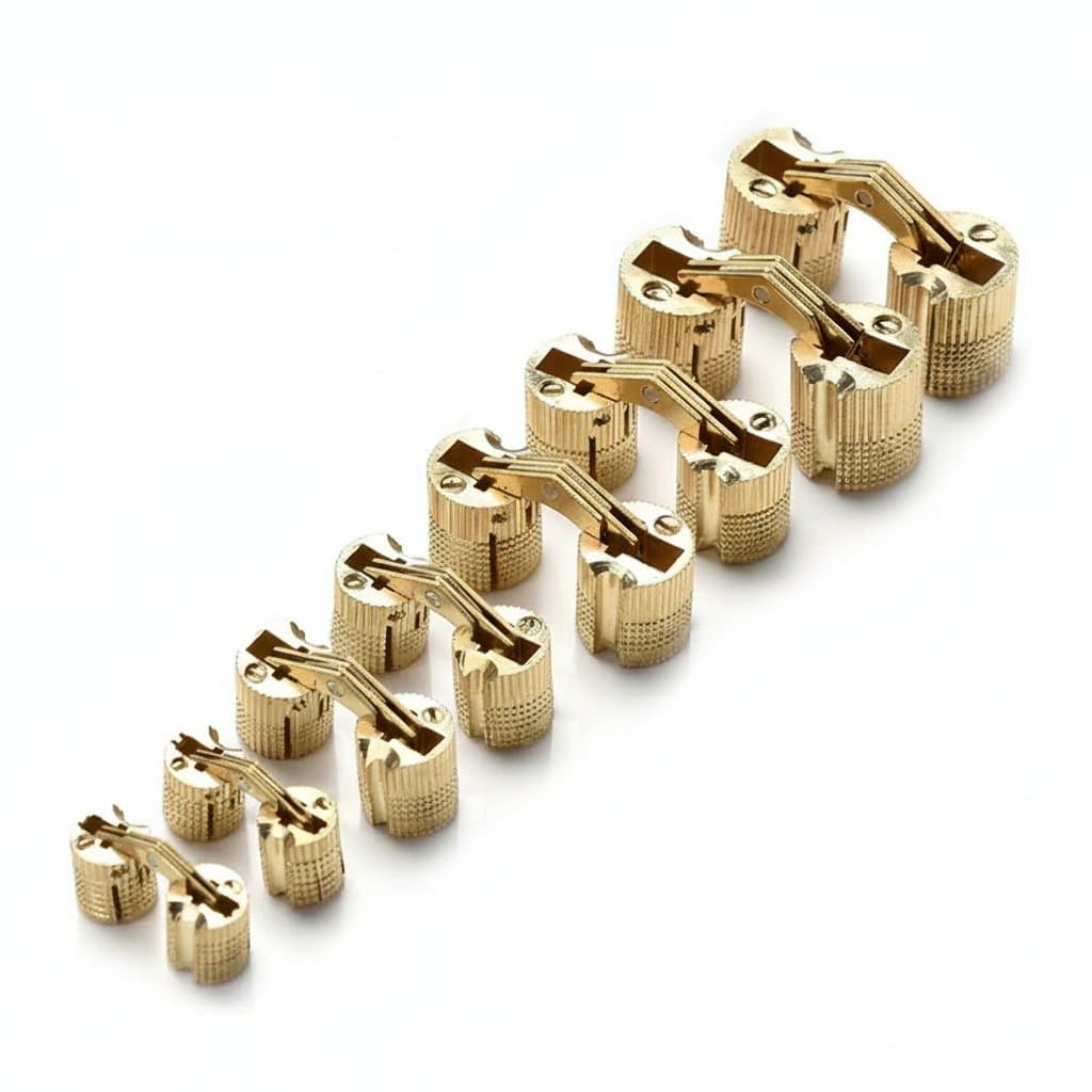 Copper brass cylindrical hidden cabinet hinges, 8-18mm sizes, for concealed invisible door installation on furniture, hardware, and gift boxes.