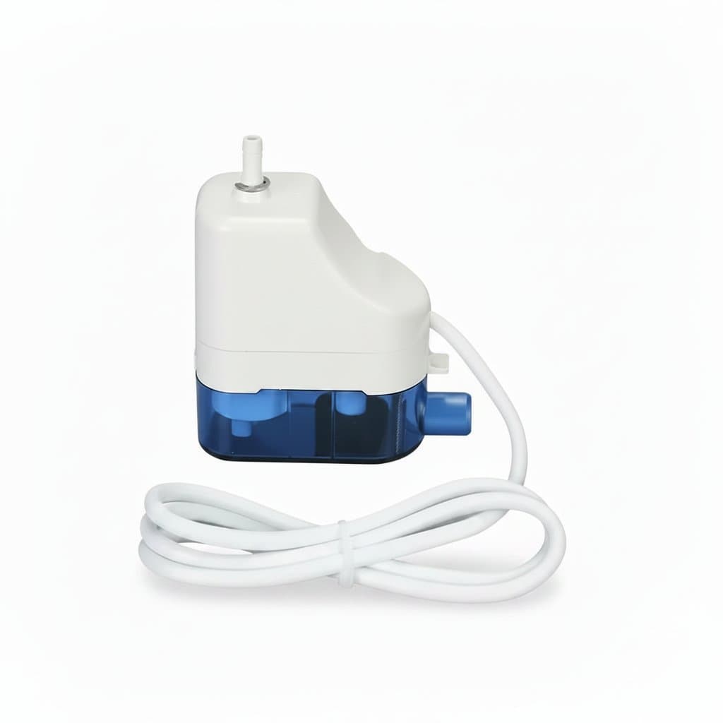 Condensate pump with accessories, brand logo, and text overlay.
