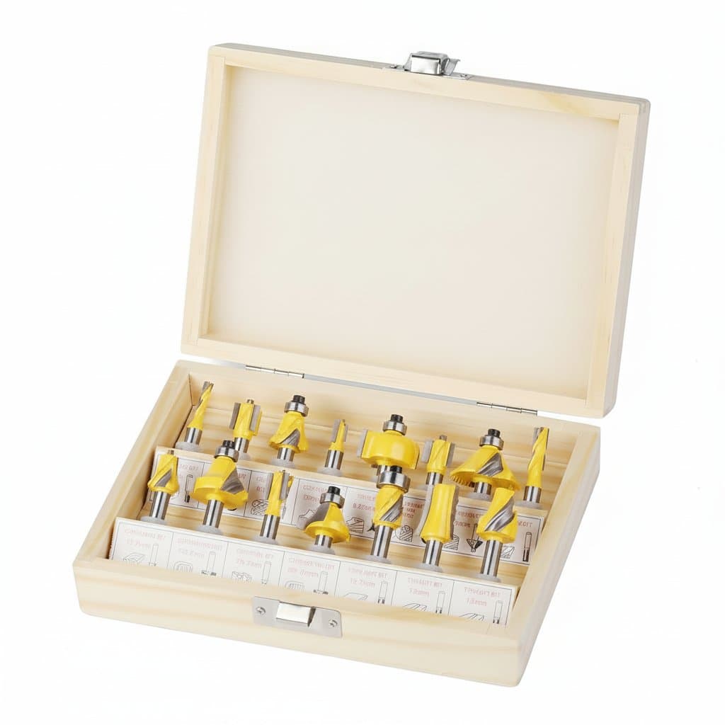 15-piece router bit set with 6mm and 8mm diameters, featuring 1/4 and 1/2 inch shanks for trimming, beading, and straight woodworking cuts.