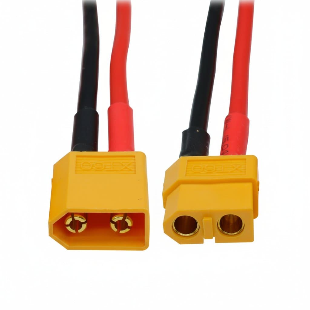 XT60 male and female bullet connectors with 14 AWG silicone wire for RC LiPo batteries, quadcopters, and drones.