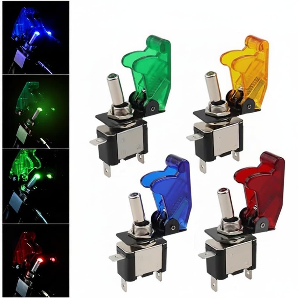 Illuminated LED toggle switch with flip-up safety cover for automotive and marine use, 12V 20A rating in transparent housing.