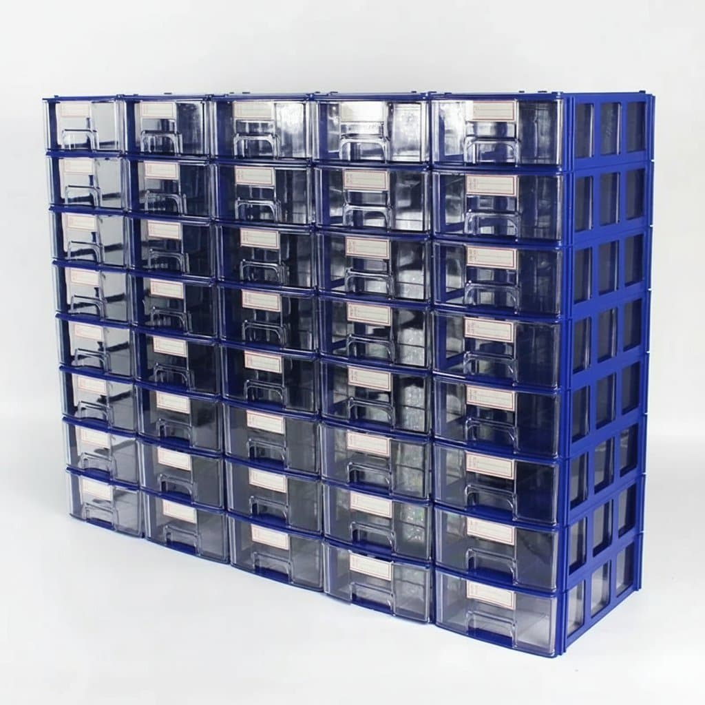 Set of 10 stackable rectangular drawer storage boxes for small parts, tool organization, and office desktop supplies.