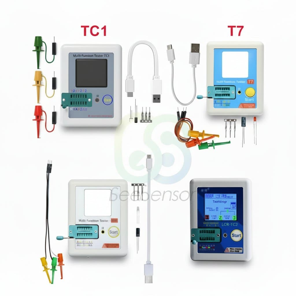 LCR-TC2 Transistor Tester with colorful TFT backlight display, testing diodes, triodes, capacitors, and resistors on a clean workbench.