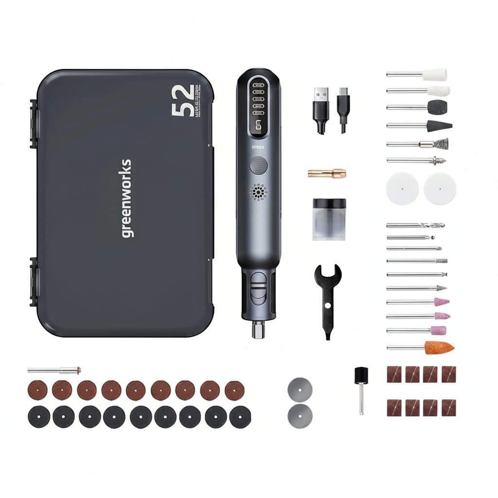 Greenworks 8V Cordless Mini Grinder with variable speed control, USB charger, and 52-piece accessory kit for grinding and engraving.